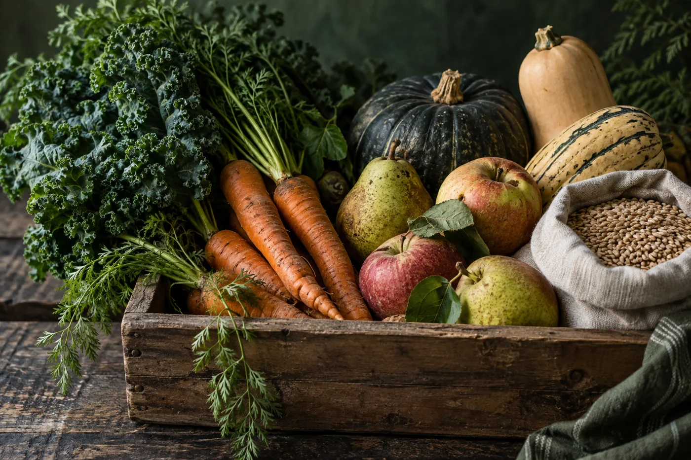 A wooden crate of apples, pears, carrots, squash and leafy greens